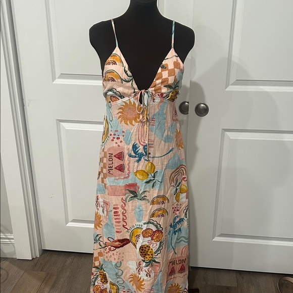 Paper Heart Tropical Fruit Print Peach Blue Maxi Dress Linen Blend Size Small - Picture 1 of 10